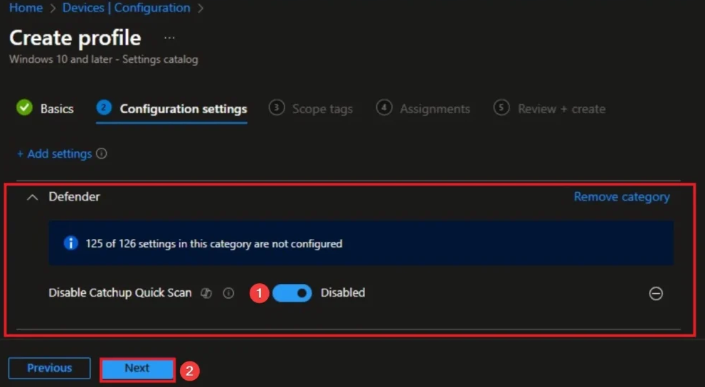 Disable Catchup Quick Scan set to Disabled to enable catch-up scans